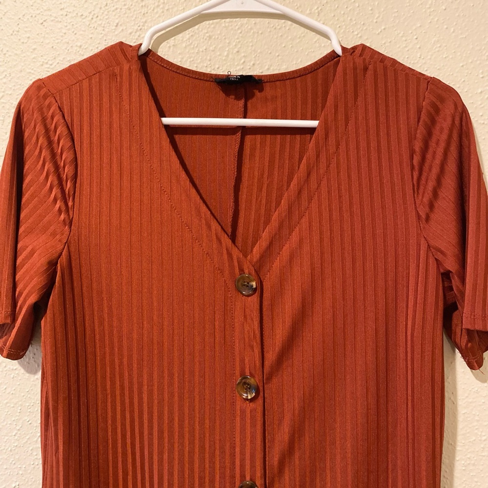 Rust/ Burnt Orange Button Up Ribbed Midi Dress - Picture 3 of 6